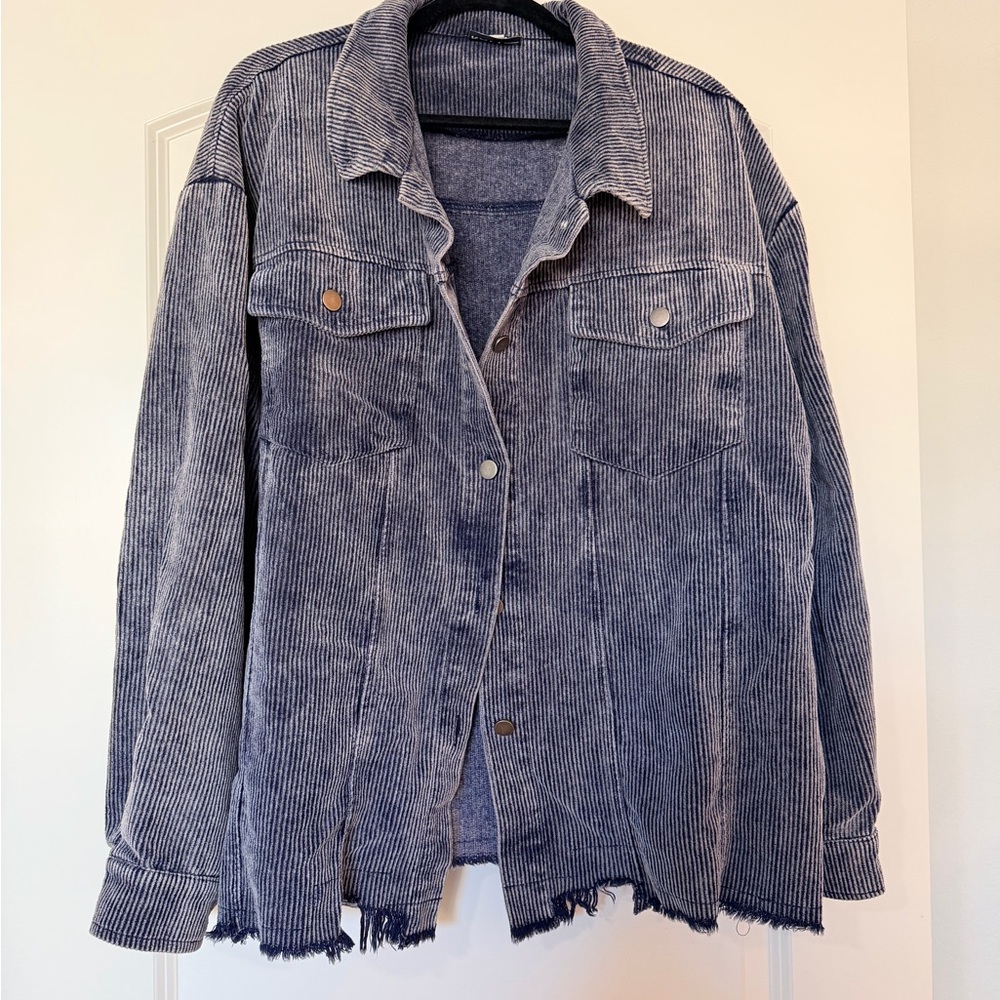 Katydid Distressed Blue Corduroy Shacket